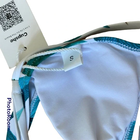 CUPSHE Fresh Leaves 2 Piece Bikini Wrap Top White Green SMALL - Picture 12 of 12
